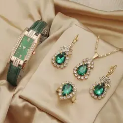 ست زیورآلات زنانه ساعت انگشتر گردنبند گوشواره صفحه مستطیلی