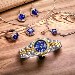 ست زیورآلات زنانه با ساعت و جواهرات آبی سلطنتی