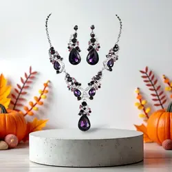 ست گردنبند و گوشواره مجلسی با نگین‌های بنفش درخشان