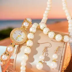 ست ساعت و زیورآلات مرواریدی لوکس با بند طلایی