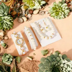 ست ساعت و زیورآلات مرواریدی لوکس با بند طلایی