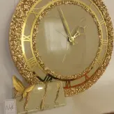 ساعت دیواری و جاکلیدی ست جنس چوب و رزین دور کریستال کرم طلایی