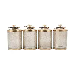 بانکه شیشه ای دردار ادویه خوری لیلیان (4 عددی)+گل طلایی - شیشه شامپاینی - در طلایی