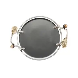 سینی بلوط فلزی گرد 25 سانت شاخه نقره ای - ظرف نقره ای طرحدار