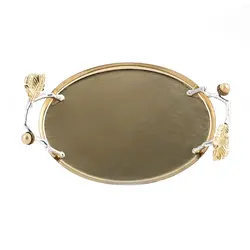 سینی بلوط فلزی بیضی سایز کوچک شاخه نقره ای - ظرف طلایی طرحدار