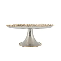 شیرینی خوری فلزی 30 سانت لبه دار النا+لبه طلایی - ظرف نقره ای طرحدار (بدون رنگ داخل)