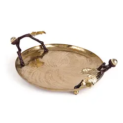 سینی بلوط فلزی گرد 25 سانت شاخه قهوه ای - ظرف طلایی طرحدار