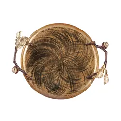 سینی بلوط فلزی گرد 25 سانت شاخه قهوه ای - ظرف طلایی طرحدار