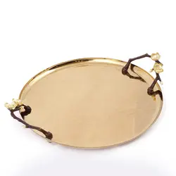 سینی مارینا فلزی گرد 35 سانت شاخه قهوه ای طلایی - ظرف طلایی طرحدار