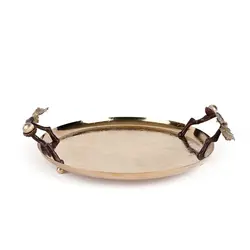 سینی بلوط فلزی گرد 35 سانت شاخه قهوه ای - ظرف طلایی طرحدار