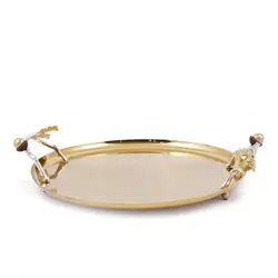 سینی بلوط فلزی گرد 35 سانت شاخه نقره ای - ظرف طلایی طرحدار