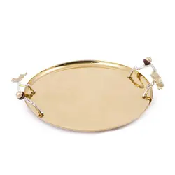 سینی بلوط فلزی گرد 35 سانت شاخه نقره ای - ظرف طلایی طرحدار