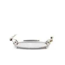 سینی بلوط فلزی بیضی سایز کوچک شاخه نقره ای - ظرف نقره ای طرحدار