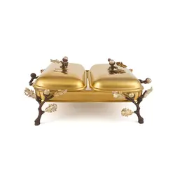 سوفله خوری  مستطیل دوتایی بلوط - شاخه قهوه ای - ظرف طلایی مات