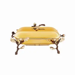 سوفله خوری  مستطیل متوسط بلوط - شاخه قهوه ای - ظرف طلایی