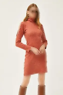 پیراهن زنانه منجوق برش کوتاه شانه آجری زنانه ELB-19002039 - 1366