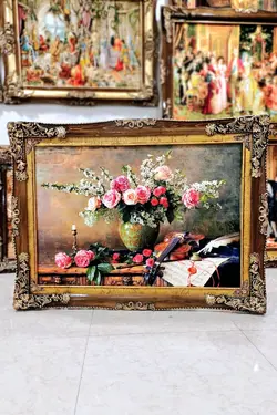 تابلو فرش ماشینی طرح گلدان و پیانو ابعاد ۱۲۰*۹۰