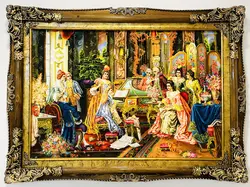 تابلو فرش ماشینی طرح پیانو زن ابعاد ۱۲۰*۹۰