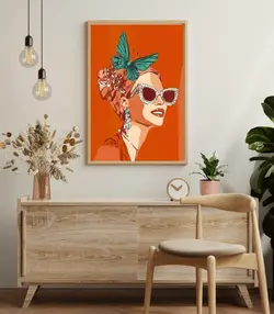 قیمت و خرید تابلو دکوراتیو فانتزی زن با عینک نگین‌دار و پروانه سبز | طراحی خاص پاپ آرت - ورسای دکور