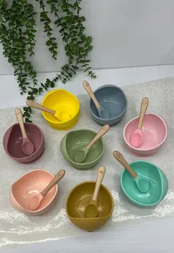 ست کاسه و قاشق سیلیکونی دسته چوبی