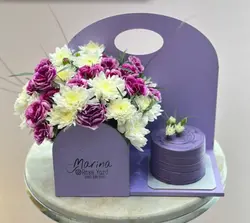 باکس گل و کیک تولد بنفش فلوبار