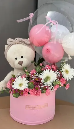 ‎باکس گل و بادکنک و عروسک نوزادی دخترونه فلوبار