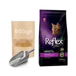 غذای خشک گربه بالغ | رفلکس پلاس | مدل گورمت مرغ | وزن 500 گرم فله در زیپ کیپ - آپتیمالر