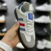 کفش آدیداس سامبا سفید | سه خط آبی‌قرمز و زیره تیره | وارداتی K.Shoes چین