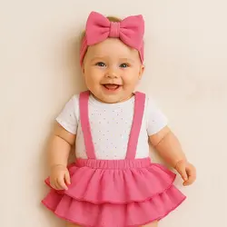 ست بیلر دامنی دخترانه بیسکوئیتی + هدبند پاپیونی سرخابی