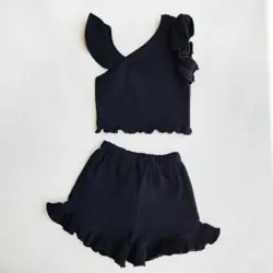 ست کراپ و شلوارک کبریتی دخترانه رنگ مشکی | مدرن، راحت و شیک