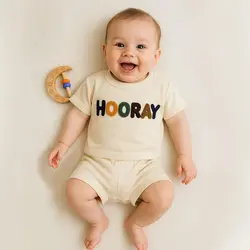 ست تیشرت و شلوارک بیسکویتی طرح hooray برند ماوی