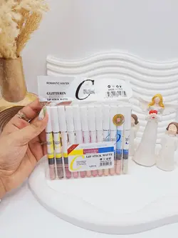 پک 12 تایی رژ لب و سایه چشم مدادی شاین دار ضد آب با ماندگاری بالا کد 2339