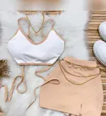 ست کراپ و دامن کوتاه زنانه مدل بندی جنس فانریپ کبریتی فری سایز تا 44 کد 1442