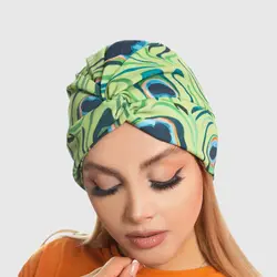 توربان (کلاه حجاب) حریر طرح پر طاووس - کد 1034