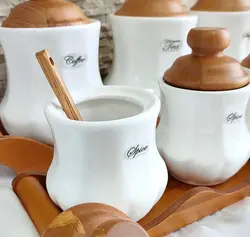 ست بانکه سرامیکی مام لوکس مدل کلاسیک (7 پارچه با پایه چوبی)