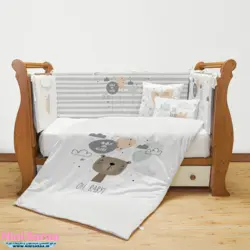 سرویس روتختی نوزاد برند مامز کیوتی (momscutie) مدل 7 تکه طرح خرس کارتونی رنگ سفید طوسی - خرید مستقیم از تولید کننده