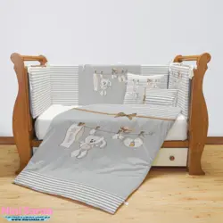 سرویس روتختی نوزاد برند مامز کیوتی (momscutie) مدل 7 تکه طرح خرگوش بندرخت رنگ طوسی- خرید مستقیم از تولید کننده