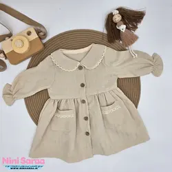 پیراهن دوجیب کرم دخترانه