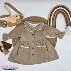 پیراهن مخمل کبریتی دخترانه دوجیب