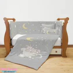 سرویس روتختی نوزاد برند مامز کیوتی(momscutie) مدل 7 تکه طرح خرگوش و ماه رنگ طوسی - خرید مستقیم از تولید کننده