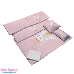 سرویس روتختی نوزاد برند مامز کیوتی (momscutie) مدل 7 تکه طرح خرگوش پرنس رنگ صورتی- خرید مستقیم از تولید کننده