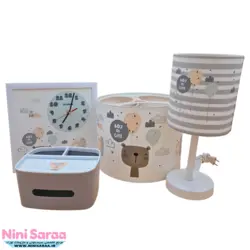 سرویس لوستر،آباژور،ساعت و جای دستمال نوزاد برند مامز کیوتی(momscutie) مدل 4 تکه طرح خرس کارتونی رنگ سفید- خرید مستقیم از تولید کننده