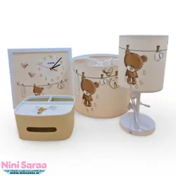 سرویس لوستر،آباژور،ساعت و جای دستمال نوزاد برند مامز کیوتی(momscutie) مدل 4 تکه طرح خرس بندرخت رنگ کرم- خرید مستقیم از تولید کننده