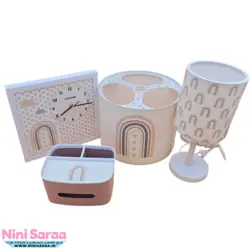 سرویس لوستر،آباژور،ساعت و جای دستمال نوزاد برند مامز کیوتی(momscutie) مدل 4 تکه طرح رنگین کمان- خرید مستقیم از تولید کننده
