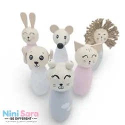 بولینگ حیوانات چوبی 6 تکه صورتی طوسی اکسسوری اتاق نوزاد با بهترین کیفیت چوب راش و رنگ اکریلیک