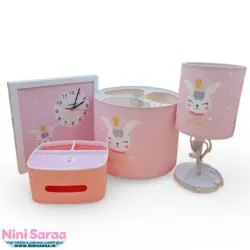 سرویس لوستر،آباژور،ساعت و جای دستمال نوزاد برند مامز کیوتی(momscutie) مدل 4 تکه طرح خرگوش پرنسس- خرید مستقیم از تولید کننده