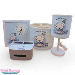 سرویس لوستر،آباژور،ساعت و جای دستمال نوزاد برند مامز کیوتی(momscutie) مدل 4 تکه طرح کوالا رنگ آبی- خرید مستقیم از تولید کننده