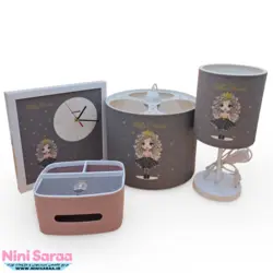 سرویس لوستر،آباژور،ساعت و جای دستمال نوزاد برند مامز کیوتی(momscutie) مدل 4 تکه طرح پرنسس موفرفری رنگ طوسی - خرید مستقیم از تولید کننده