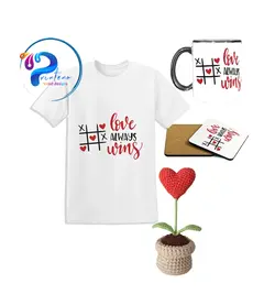 ست هدیه ولنتاین | تیشرت سفید + گلدون بافتنی + لیوان + زیر لیوان | Love Always Wins – Printeno.ir