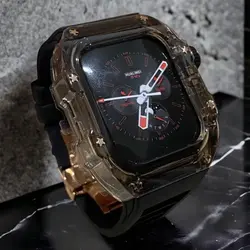 ست بند لاستیکی فلورین و قاب پلی‌کربنات لوکس | رزگلد و دودی | با کریستال زیرکونیا Apple Watch Ultra 46mm (محافظ اپل واچ)